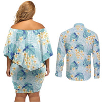Pastel Cyan Tropical Hawaii Couples Matching Off Shoulder Short Dress and Long Sleeve Button Shirt Seamless Monstera Plumeria Hawaiian Pattern - Polynesian Pride