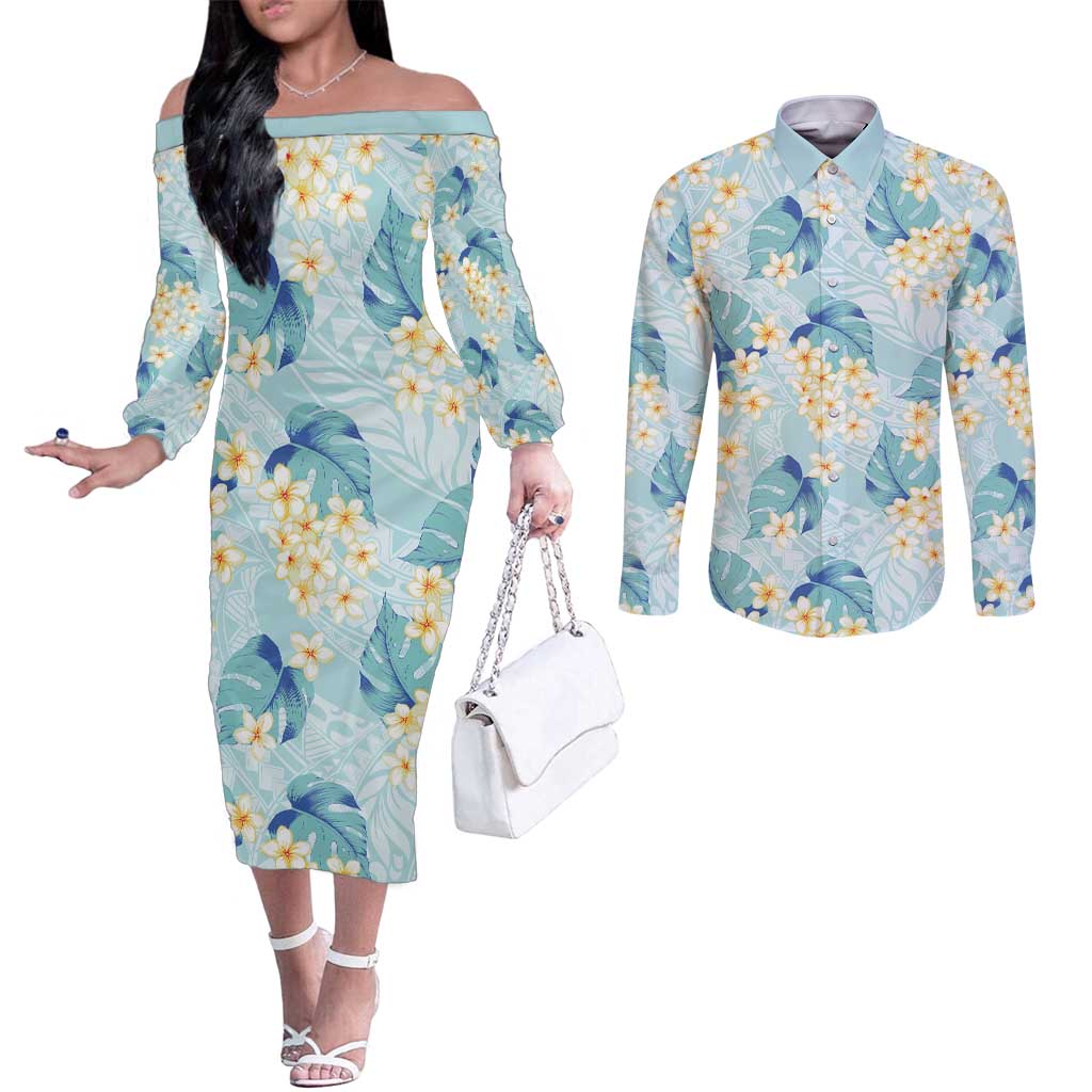 Pastel Cyan Tropical Hawaii Couples Matching Off The Shoulder Long Sleeve Dress and Long Sleeve Button Shirt Seamless Monstera Plumeria Hawaiian Pattern - Polynesian Pride