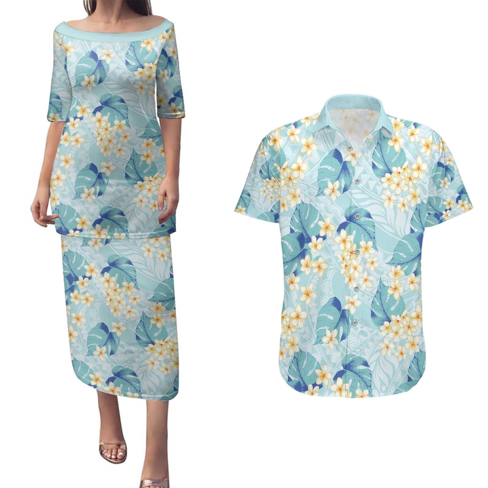 Pastel Cyan Tropical Hawaii Couples Matching Puletasi and Hawaiian Shirt Seamless Monstera Plumeria Hawaiian Pattern LT14 Pastel Cyan - Polynesian Pride