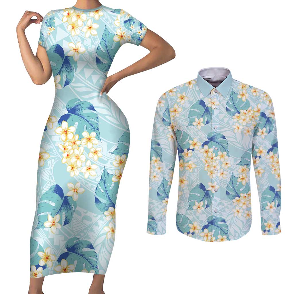 Pastel Cyan Tropical Hawaii Couples Matching Short Sleeve Bodycon Dress and Long Sleeve Button Shirt Seamless Monstera Plumeria Hawaiian Pattern - Polynesian Pride