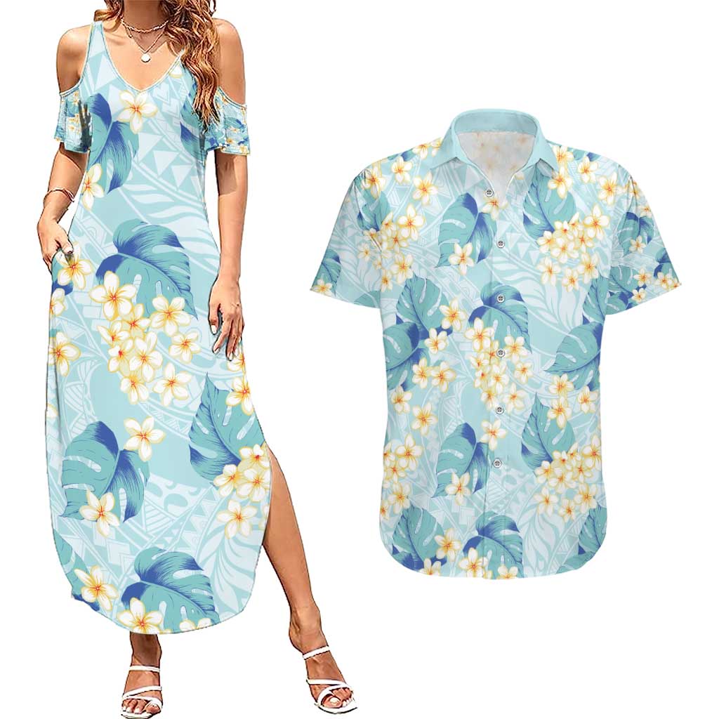 Pastel Cyan Tropical Hawaii Couples Matching Summer Maxi Dress and Hawaiian Shirt Seamless Monstera Plumeria Hawaiian Pattern - Polynesian Pride