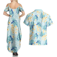 Pastel Cyan Tropical Hawaii Couples Matching Summer Maxi Dress and Hawaiian Shirt Seamless Monstera Plumeria Hawaiian Pattern - Polynesian Pride