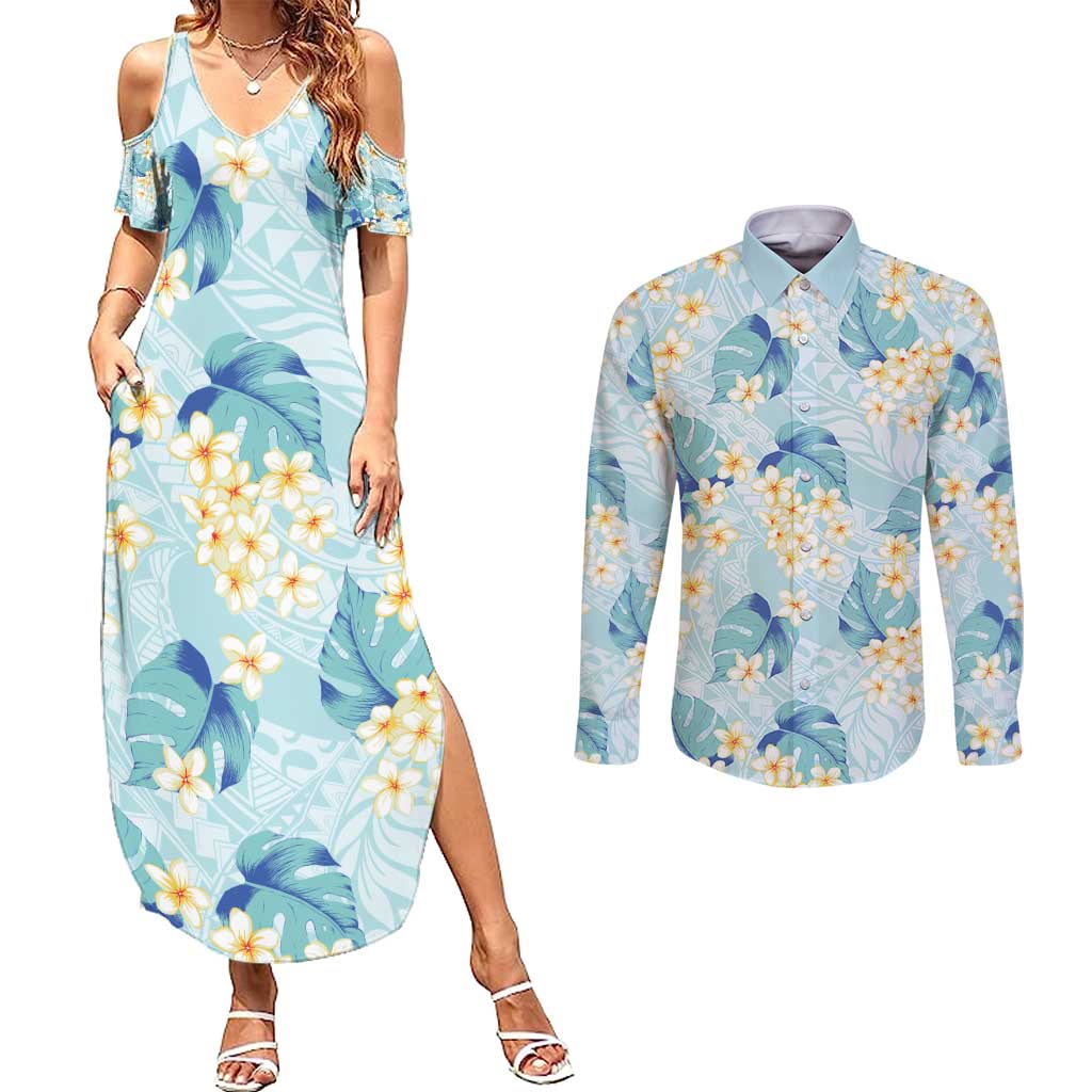 Pastel Cyan Tropical Hawaii Couples Matching Summer Maxi Dress and Long Sleeve Button Shirt Seamless Monstera Plumeria Hawaiian Pattern - Polynesian Pride