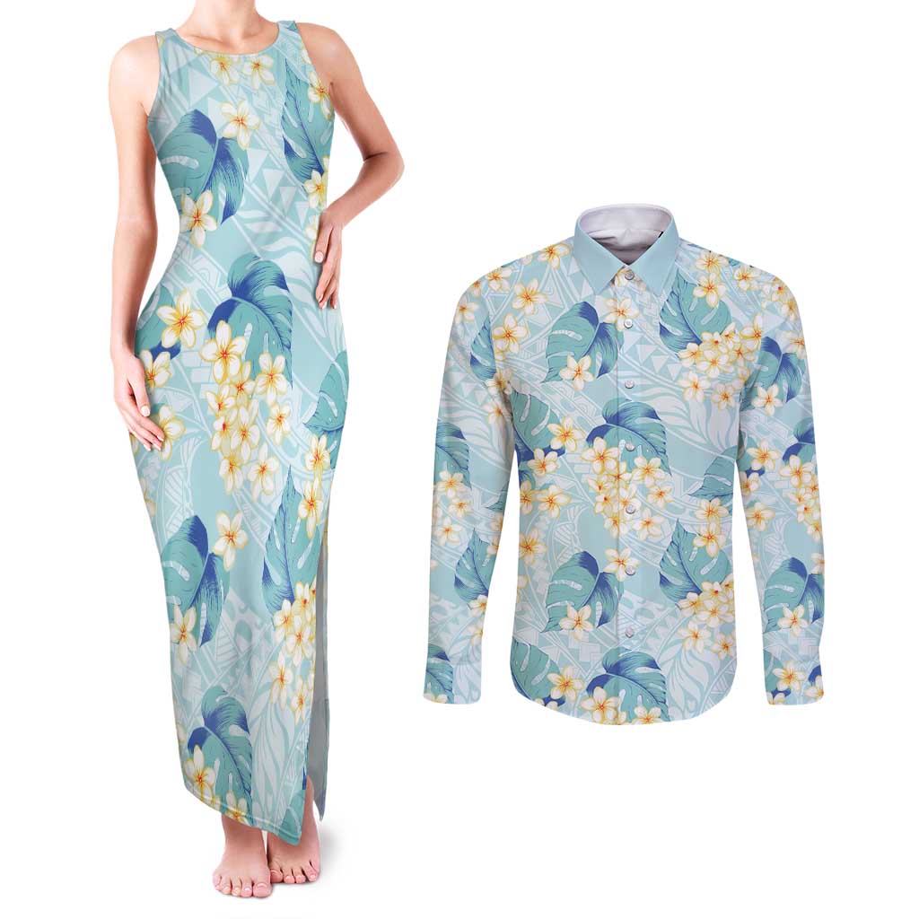 Pastel Cyan Tropical Hawaii Couples Matching Tank Maxi Dress and Long Sleeve Button Shirt Seamless Monstera Plumeria Hawaiian Pattern - Polynesian Pride