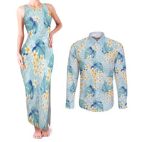 Pastel Cyan Tropical Hawaii Couples Matching Tank Maxi Dress and Long Sleeve Button Shirt Seamless Monstera Plumeria Hawaiian Pattern - Polynesian Pride