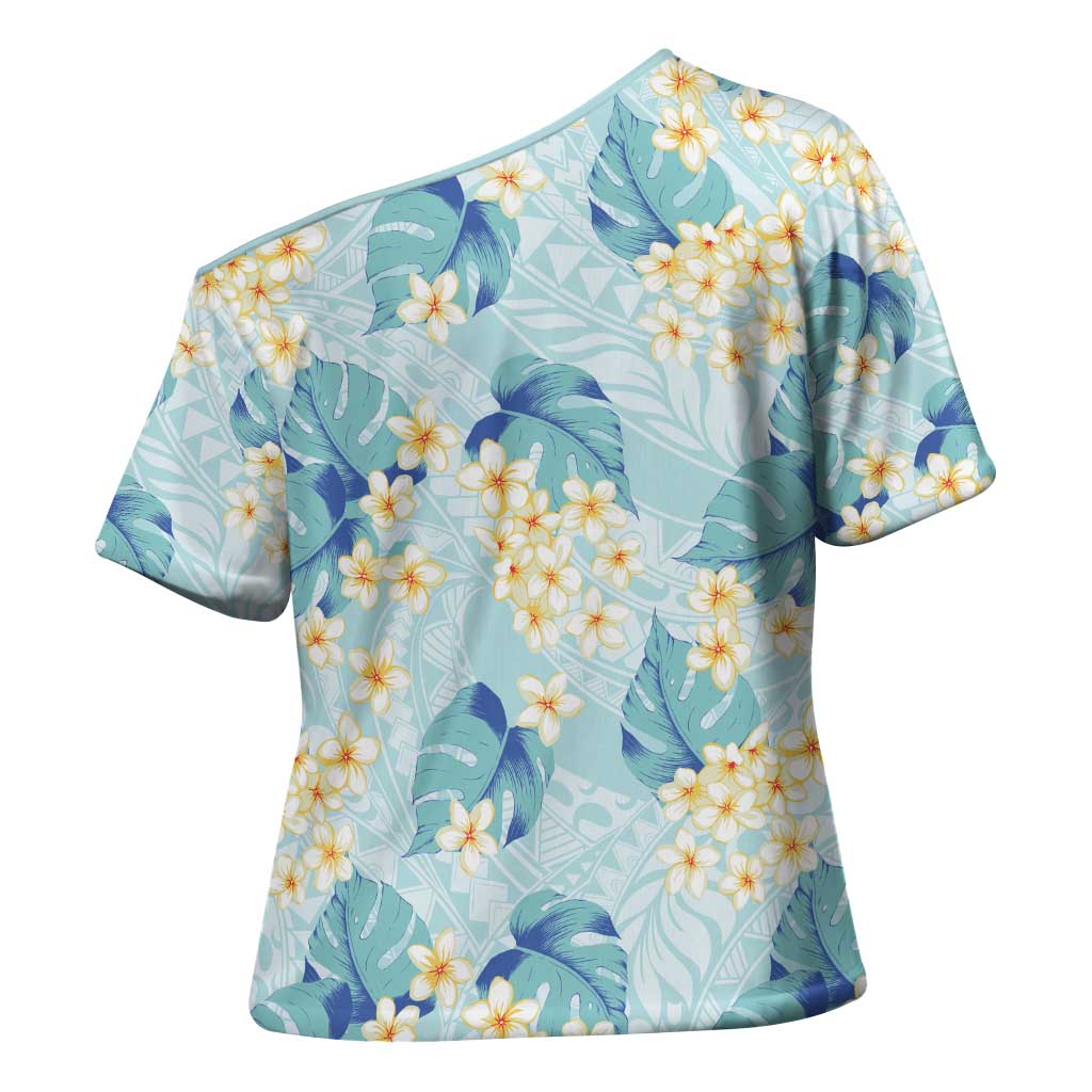 Pastel Cyan Tropical Hawaii Cross Shoulder Shirt Seamless Monstera Plumeria Hawaiian Pattern LT14 - Polynesian Pride