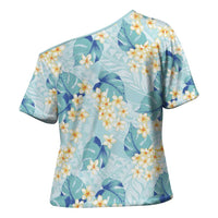 Pastel Cyan Tropical Hawaii Cross Shoulder Shirt Seamless Monstera Plumeria Hawaiian Pattern LT14 - Polynesian Pride