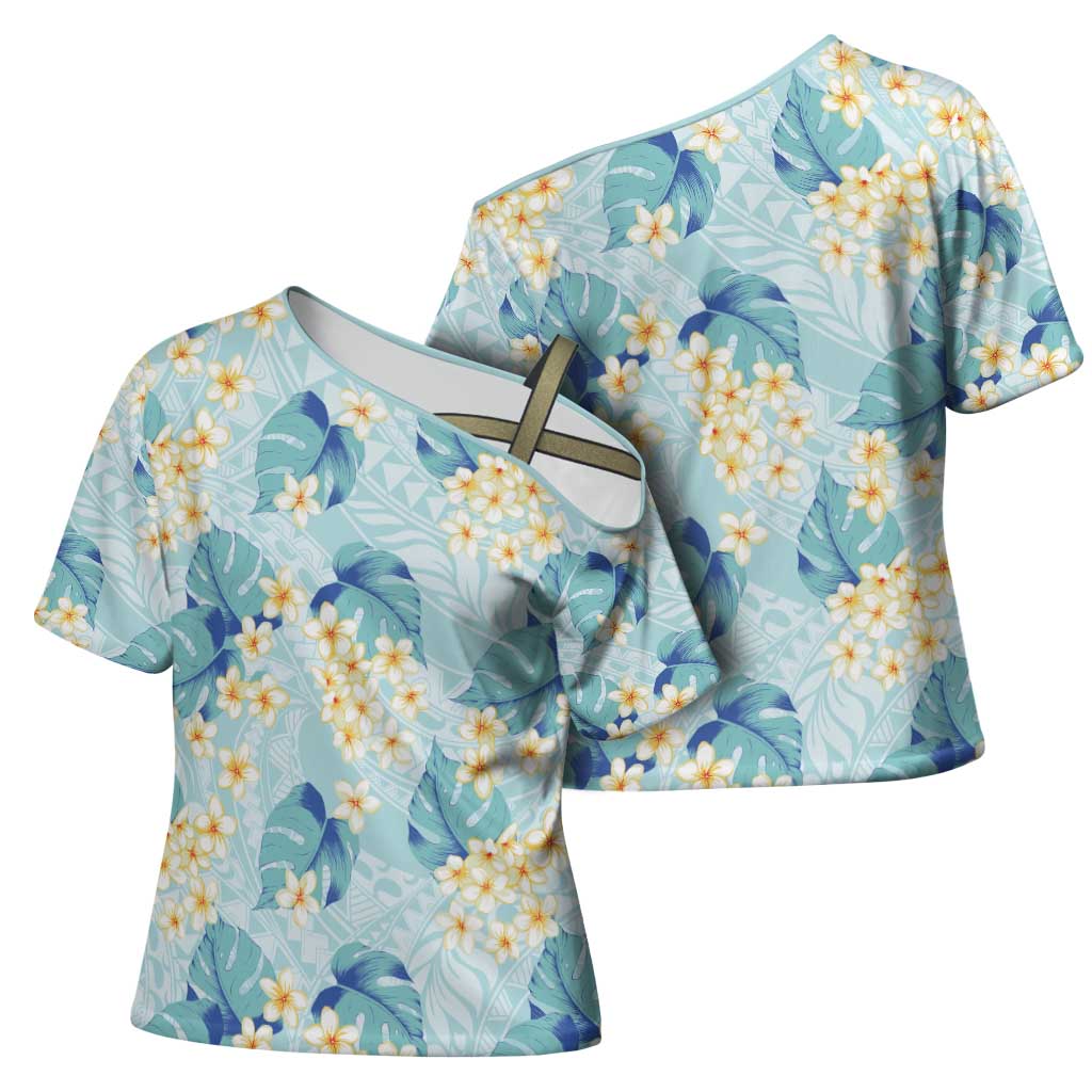 Pastel Cyan Tropical Hawaii Cross Shoulder Shirt Seamless Monstera Plumeria Hawaiian Pattern LT14 - Polynesian Pride