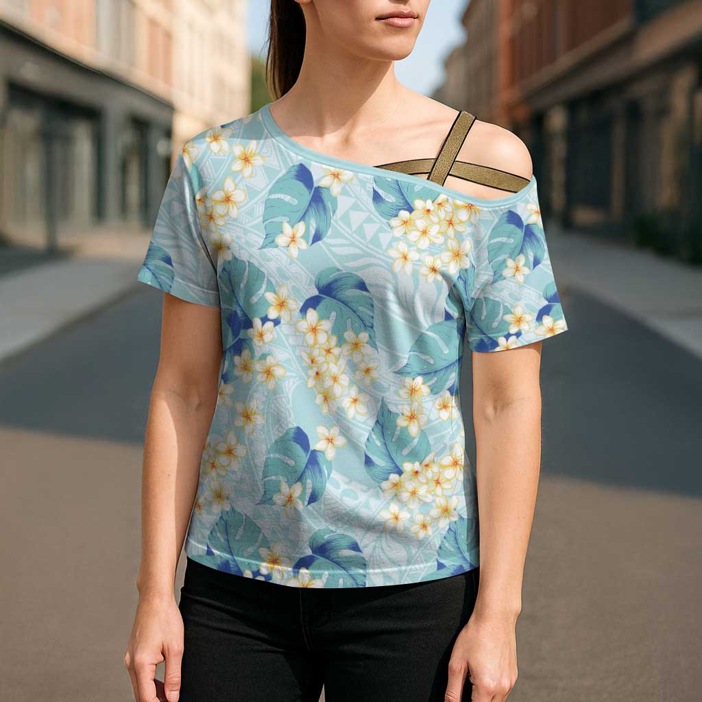 Pastel Cyan Tropical Hawaii Cross Shoulder Shirt Seamless Monstera Plumeria Hawaiian Pattern LT14 - Polynesian Pride