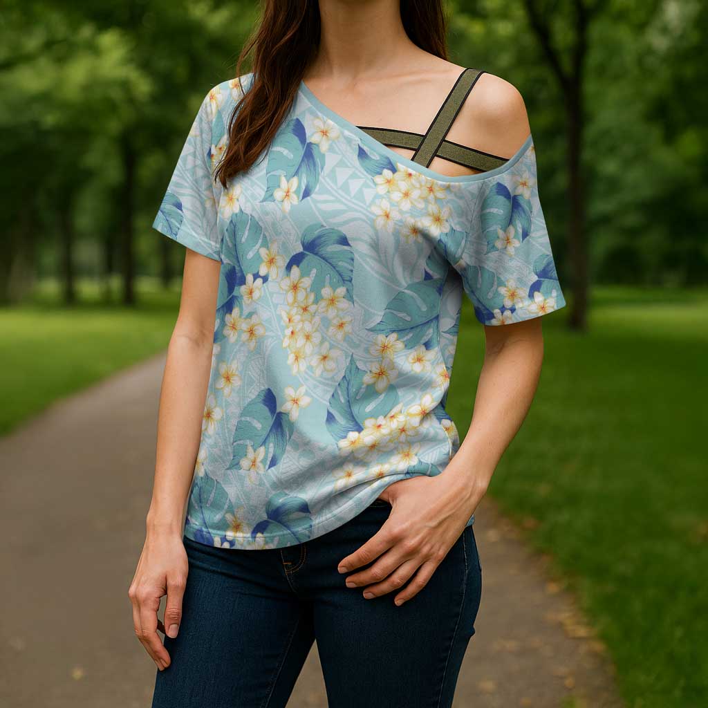 Pastel Cyan Tropical Hawaii Cross Shoulder Shirt Seamless Monstera Plumeria Hawaiian Pattern LT14 - Polynesian Pride