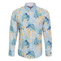 Pastel Cyan Tropical Hawaii Family Matching Long Sleeve Bodycon Dress and Hawaiian Shirt Seamless Monstera Plumeria Hawaiian Pattern - Polynesian Pride