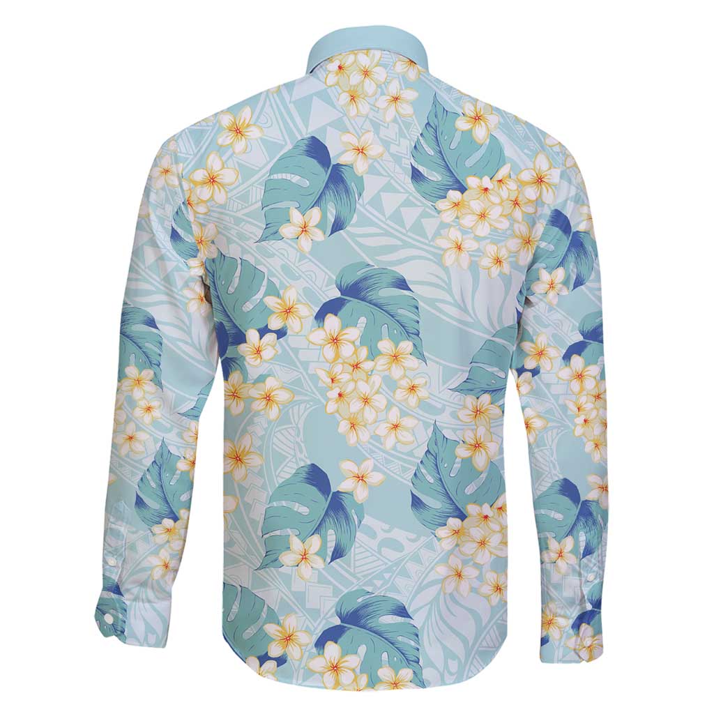 Pastel Cyan Tropical Hawaii Family Matching Long Sleeve Bodycon Dress and Hawaiian Shirt Seamless Monstera Plumeria Hawaiian Pattern - Polynesian Pride