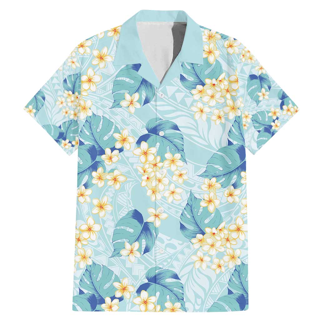 Pastel Cyan Tropical Hawaii Family Matching Mermaid Dress and Hawaiian Shirt Seamless Monstera Plumeria Hawaiian Pattern - Polynesian Pride