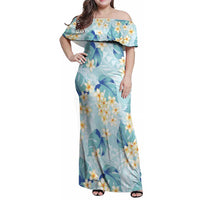 Pastel Cyan Tropical Hawaii Family Matching Off Shoulder Maxi Dress and Hawaiian Shirt Seamless Monstera Plumeria Hawaiian Pattern - Polynesian Pride