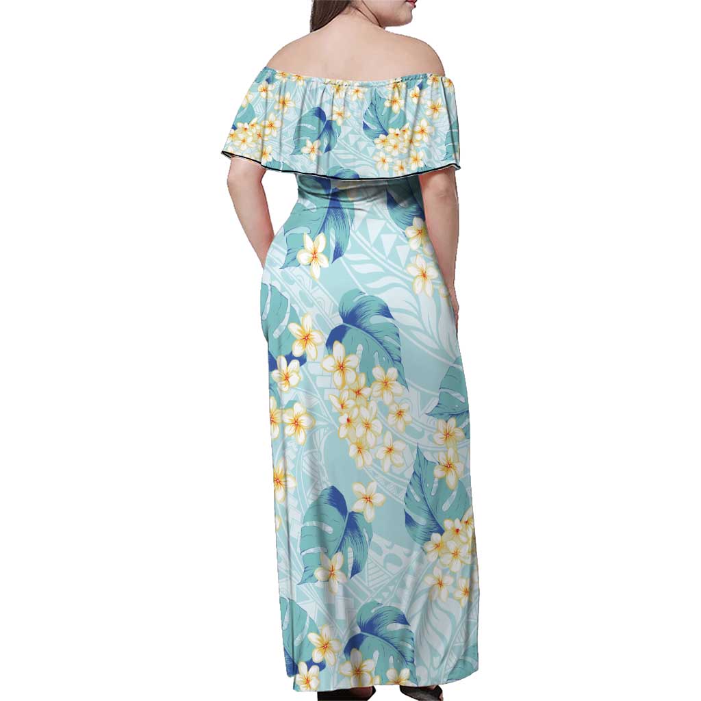 Pastel Cyan Tropical Hawaii Family Matching Off Shoulder Maxi Dress and Hawaiian Shirt Seamless Monstera Plumeria Hawaiian Pattern - Polynesian Pride