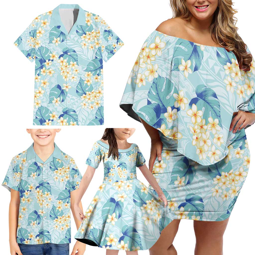 Pastel Cyan Tropical Hawaii Family Matching Off Shoulder Short Dress and Hawaiian Shirt Seamless Monstera Plumeria Hawaiian Pattern - Polynesian Pride