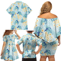 Pastel Cyan Tropical Hawaii Family Matching Off Shoulder Short Dress and Hawaiian Shirt Seamless Monstera Plumeria Hawaiian Pattern - Polynesian Pride
