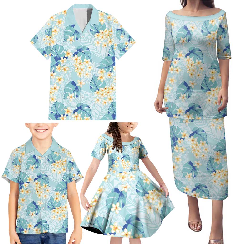Pastel Cyan Tropical Hawaii Family Matching Puletasi and Hawaiian Shirt Seamless Monstera Plumeria Hawaiian Pattern LT14 - Polynesian Pride