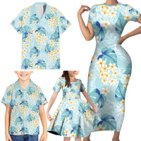 Pastel Cyan Tropical Hawaii Family Matching Short Sleeve Bodycon Dress and Hawaiian Shirt Seamless Monstera Plumeria Hawaiian Pattern - Polynesian Pride