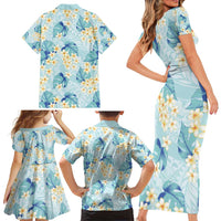Pastel Cyan Tropical Hawaii Family Matching Short Sleeve Bodycon Dress and Hawaiian Shirt Seamless Monstera Plumeria Hawaiian Pattern - Polynesian Pride