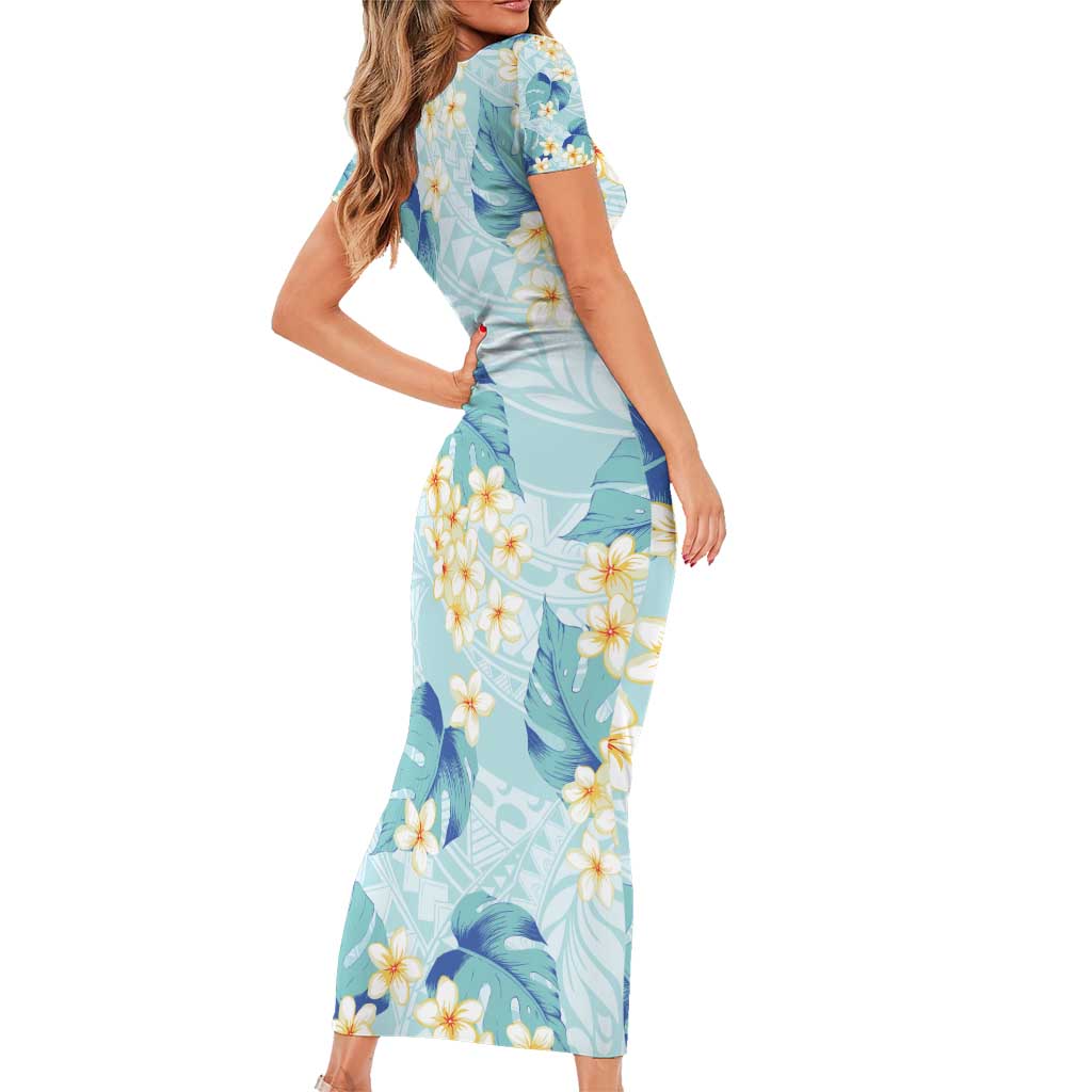 Pastel Cyan Tropical Hawaii Family Matching Short Sleeve Bodycon Dress and Hawaiian Shirt Seamless Monstera Plumeria Hawaiian Pattern - Polynesian Pride