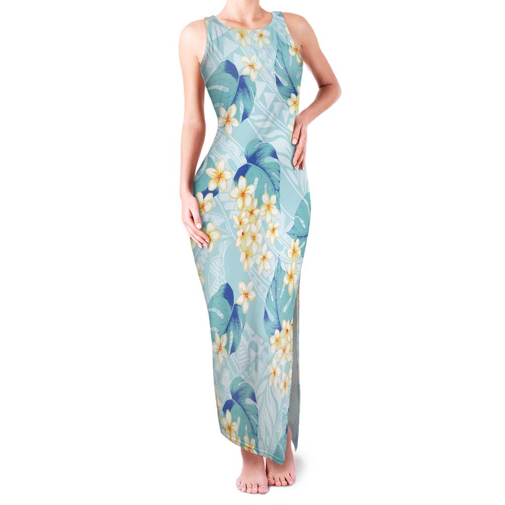 Pastel Cyan Tropical Hawaii Family Matching Tank Maxi Dress and Hawaiian Shirt Seamless Monstera Plumeria Hawaiian Pattern - Polynesian Pride