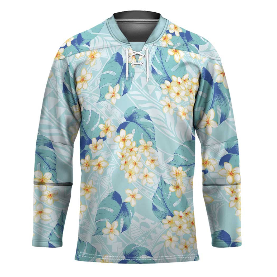 Pastel Cyan Tropical Hawaii Hockey Jersey Seamless Monstera Plumeria Hawaiian Pattern LT14 Unisex Pastel Cyan - Polynesian Pride