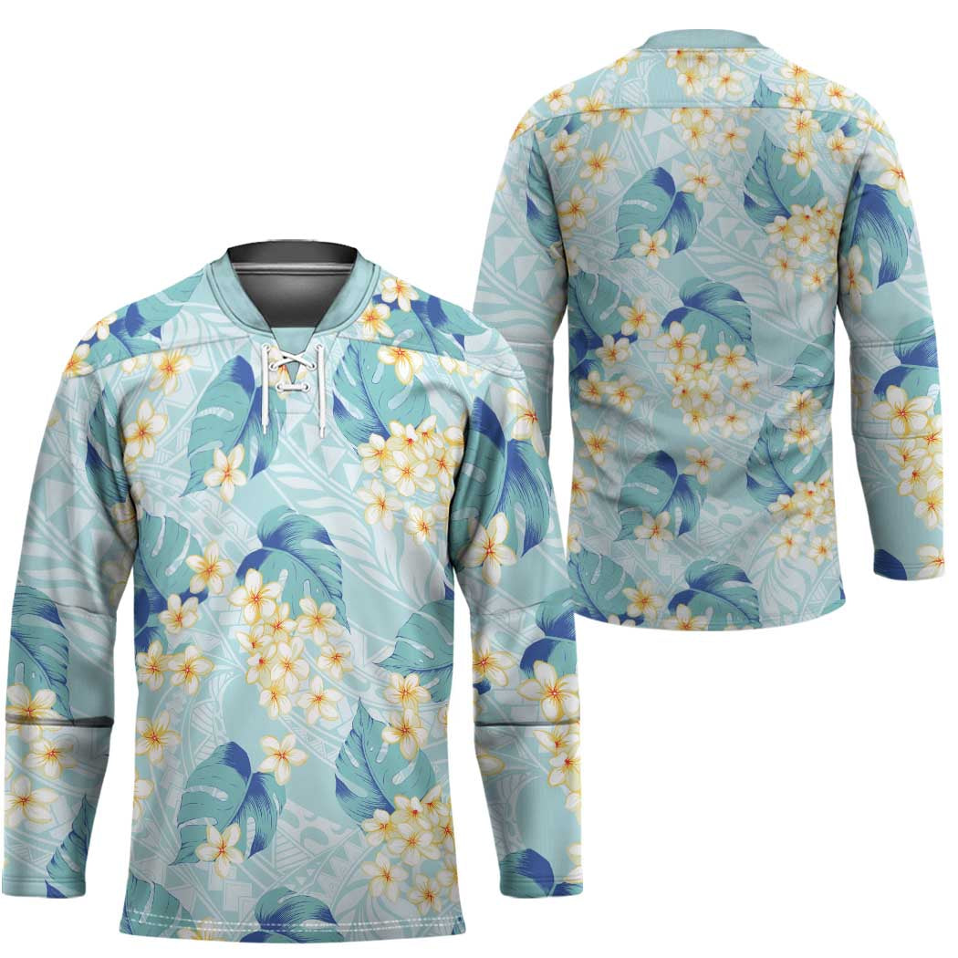 Pastel Cyan Tropical Hawaii Hockey Jersey Seamless Monstera Plumeria Hawaiian Pattern LT14 - Polynesian Pride