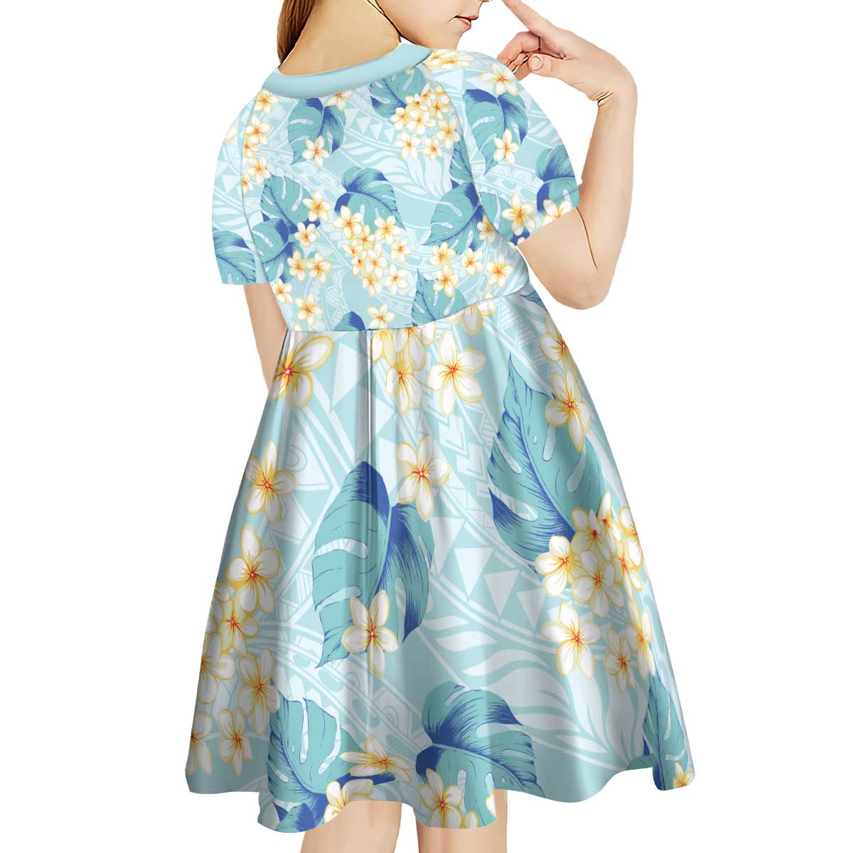 Pastel Cyan Tropical Hawaii Kid Short Sleeve Dress Seamless Monstera Plumeria Hawaiian Pattern - Polynesian Pride