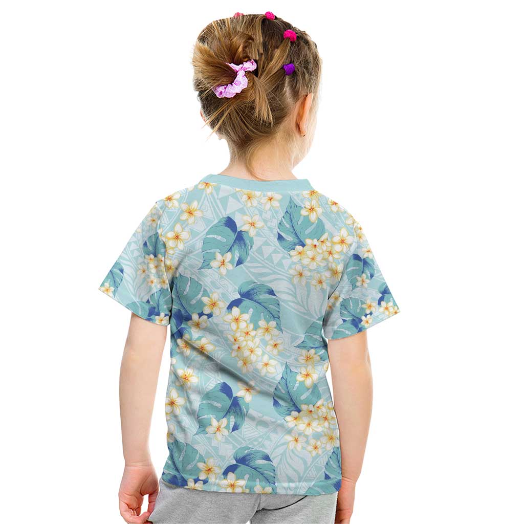 Pastel Cyan Tropical Hawaii Kid T Shirt Seamless Monstera Plumeria Hawaiian Pattern - Polynesian Pride