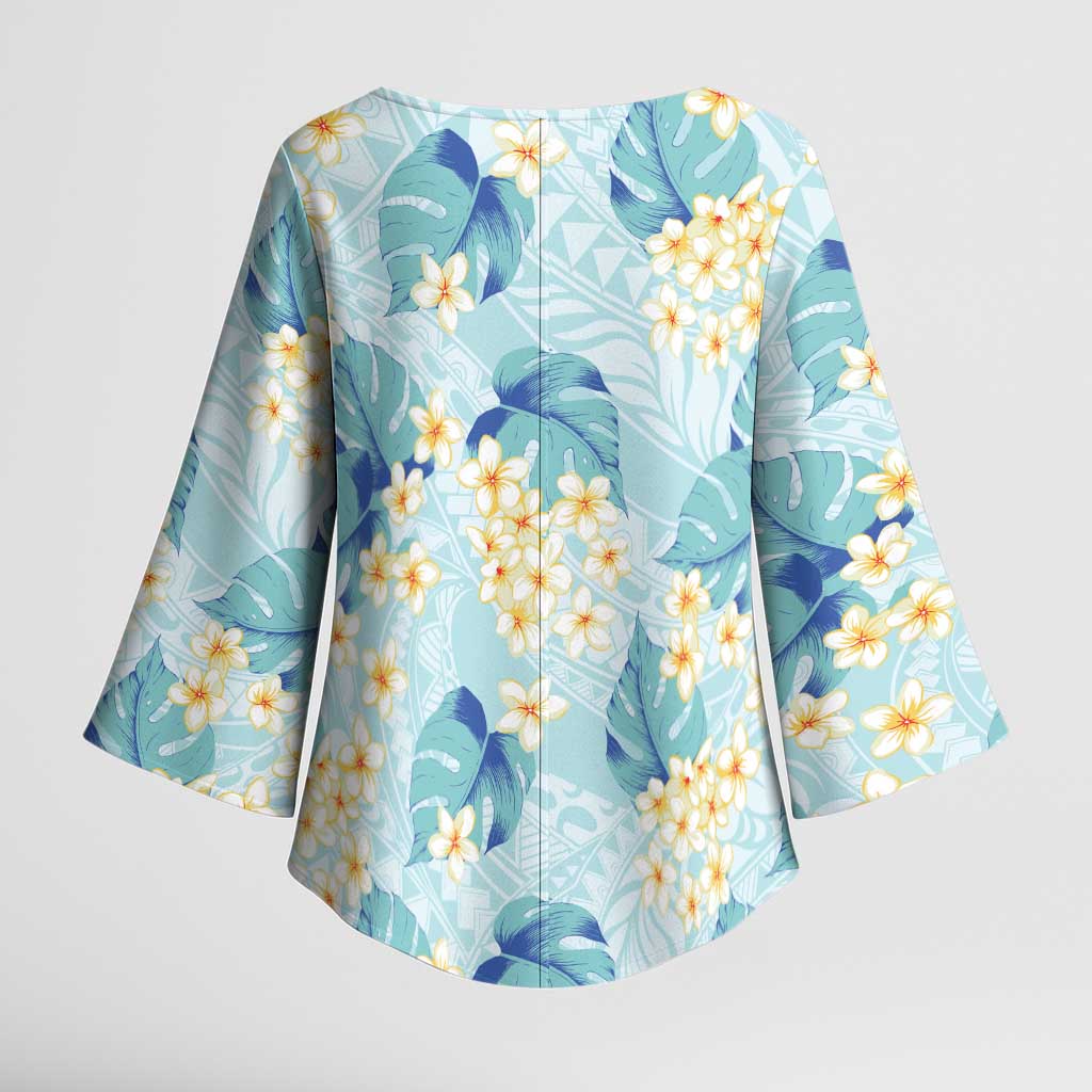 Pastel Cyan Tropical Hawaii Kimono Sleeve Blouse Seamless Monstera Plumeria Hawaiian Pattern LT14 - Polynesian Pride
