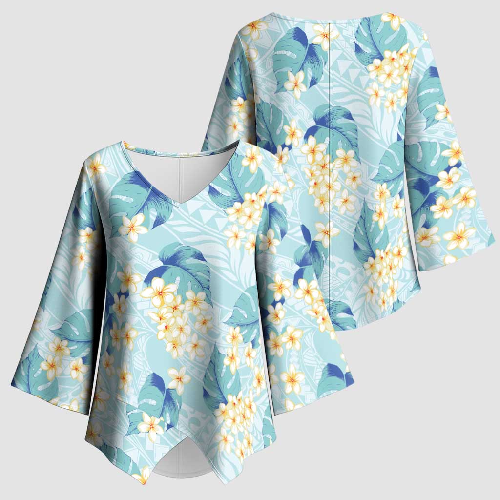 Pastel Cyan Tropical Hawaii Kimono Sleeve Blouse Seamless Monstera Plumeria Hawaiian Pattern LT14 - Polynesian Pride