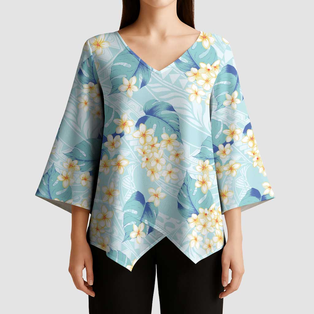 Pastel Cyan Tropical Hawaii Kimono Sleeve Blouse Seamless Monstera Plumeria Hawaiian Pattern LT14 - Polynesian Pride