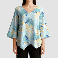 Pastel Cyan Tropical Hawaii Kimono Sleeve Blouse Seamless Monstera Plumeria Hawaiian Pattern LT14 - Polynesian Pride
