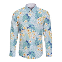 Pastel Cyan Tropical Hawaii Long Sleeve Button Shirt Seamless Monstera Plumeria Hawaiian Pattern LT14 Unisex Pastel Cyan - Polynesian Pride