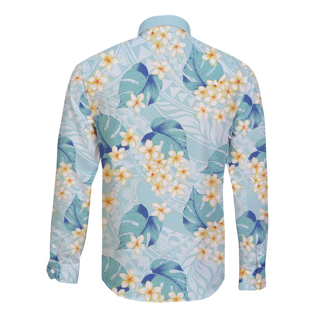 Pastel Cyan Tropical Hawaii Long Sleeve Button Shirt Seamless Monstera Plumeria Hawaiian Pattern LT14 - Polynesian Pride