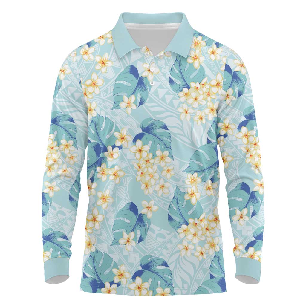 Pastel Cyan Tropical Hawaii Long Sleeve Polo Shirt Seamless Monstera Plumeria Hawaiian Pattern LT14 Pastel Cyan - Polynesian Pride