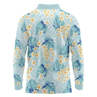 Pastel Cyan Tropical Hawaii Long Sleeve Polo Shirt Seamless Monstera Plumeria Hawaiian Pattern LT14 - Polynesian Pride