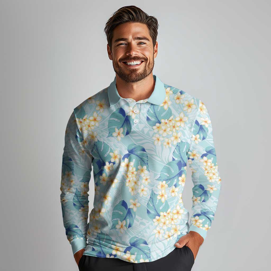 Pastel Cyan Tropical Hawaii Long Sleeve Polo Shirt Seamless Monstera Plumeria Hawaiian Pattern LT14 - Polynesian Pride