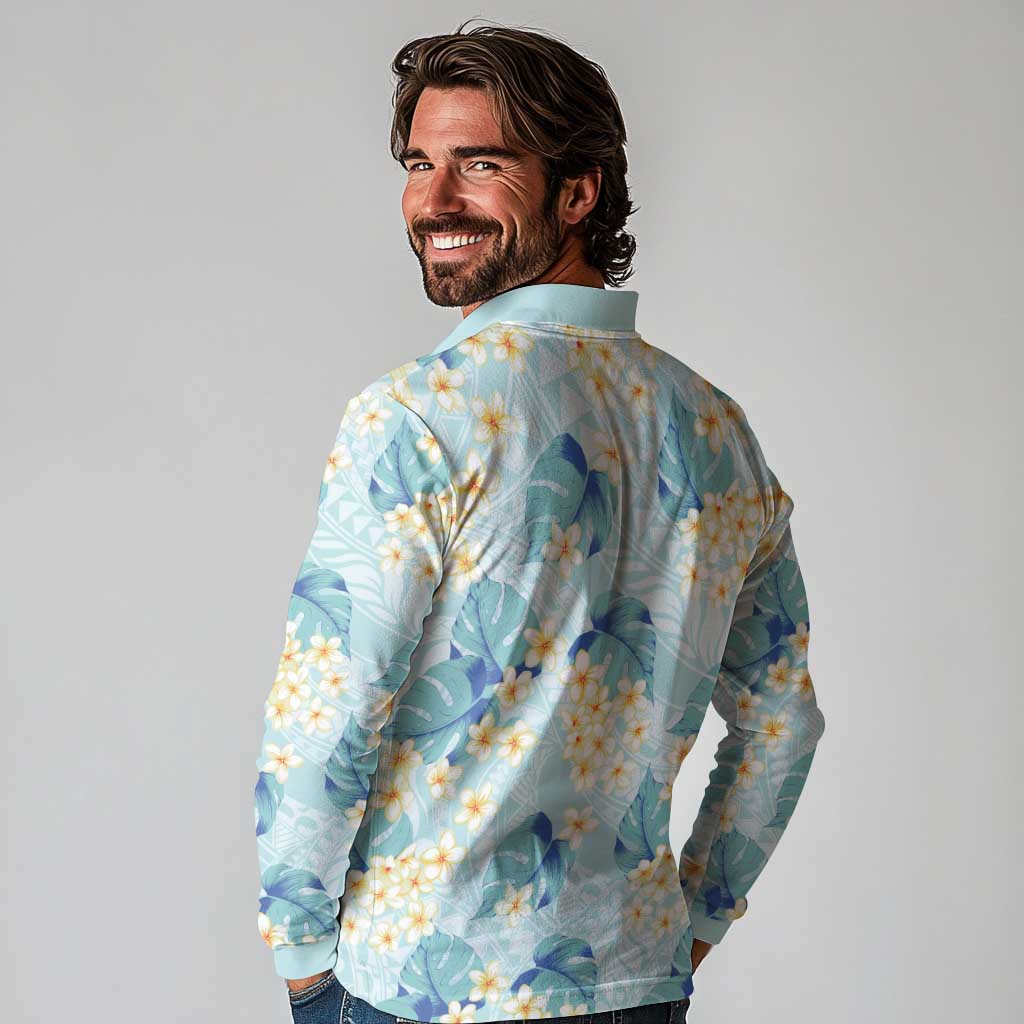 Pastel Cyan Tropical Hawaii Long Sleeve Polo Shirt Seamless Monstera Plumeria Hawaiian Pattern LT14 - Polynesian Pride