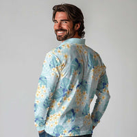 Pastel Cyan Tropical Hawaii Long Sleeve Polo Shirt Seamless Monstera Plumeria Hawaiian Pattern LT14 - Polynesian Pride