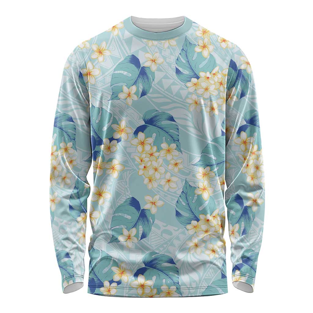 Pastel Cyan Tropical Hawaii Long Sleeve Shirt Seamless Monstera Plumeria Hawaiian Pattern LT14 Unisex Pastel Cyan - Polynesian Pride