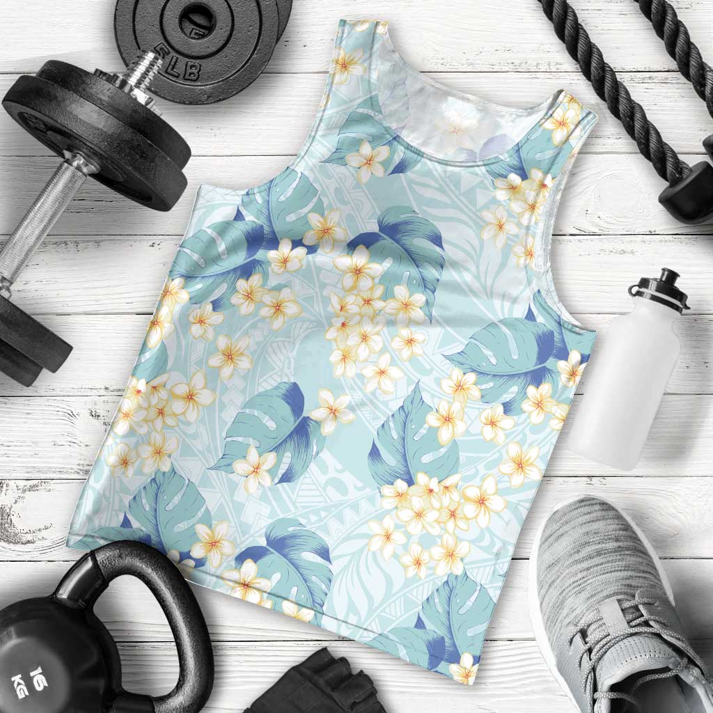 Pastel Cyan Tropical Hawaii Men Tank Top Seamless Monstera Plumeria Hawaiian Pattern - Polynesian Pride