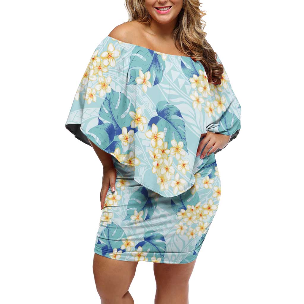 Pastel Cyan Tropical Hawaii Off Shoulder Short Dress Seamless Monstera Plumeria Hawaiian Pattern - Polynesian Pride