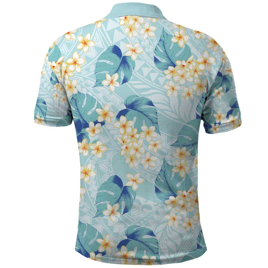 Pastel Cyan Tropical Hawaii Polo Shirt Seamless Monstera Plumeria Hawaiian Pattern - Polynesian Pride