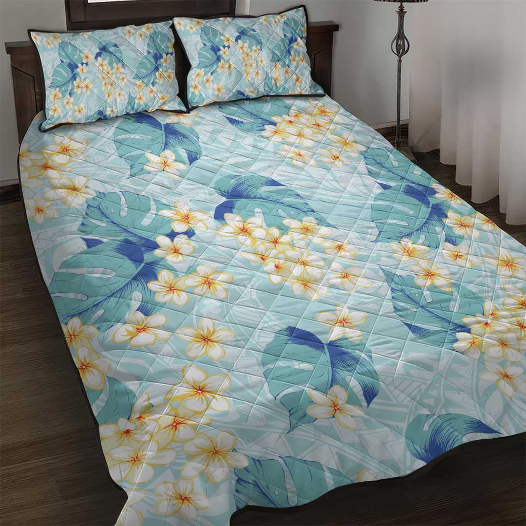 Pastel Cyan Tropical Hawaii Quilt Bed Set Seamless Monstera Plumeria Hawaiian Pattern - Polynesian Pride