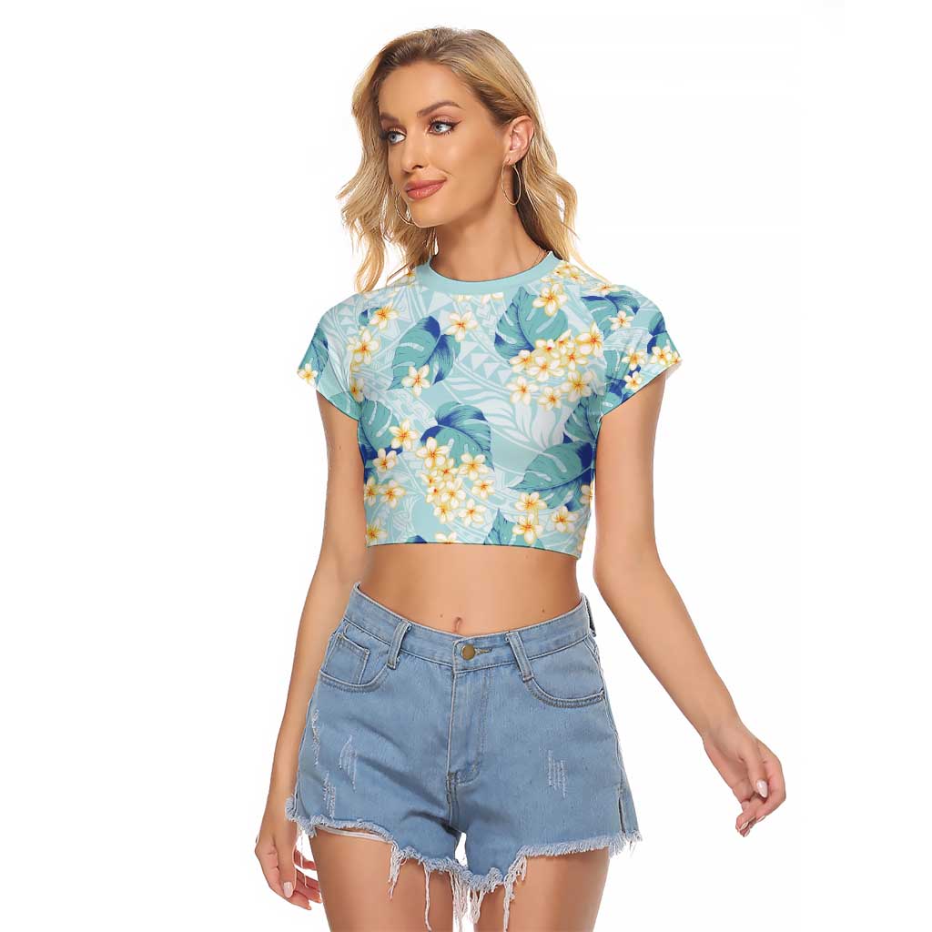Pastel Cyan Tropical Hawaii Raglan Cropped T Shirt Seamless Monstera Plumeria Hawaiian Pattern - Polynesian Pride