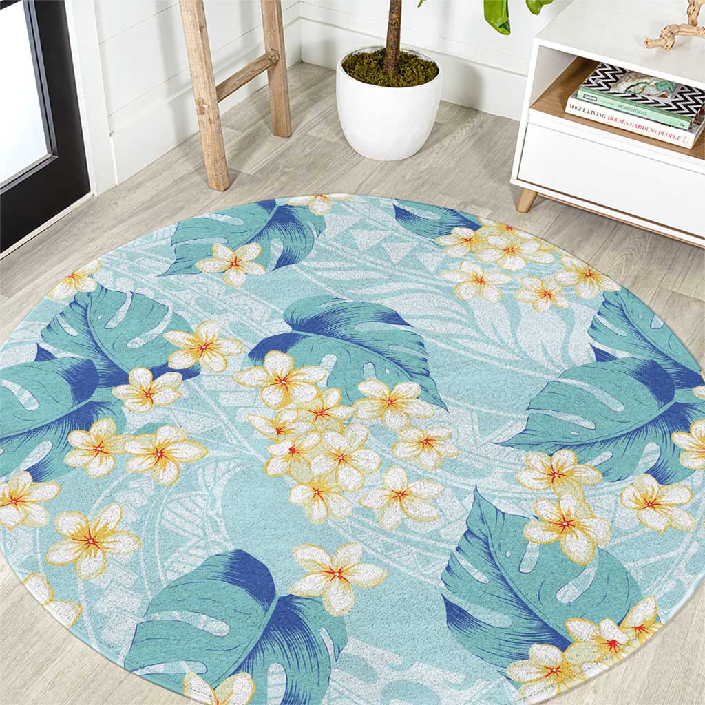 Pastel Cyan Tropical Hawaii Round Carpet Seamless Monstera Plumeria Hawaiian Pattern - Polynesian Pride