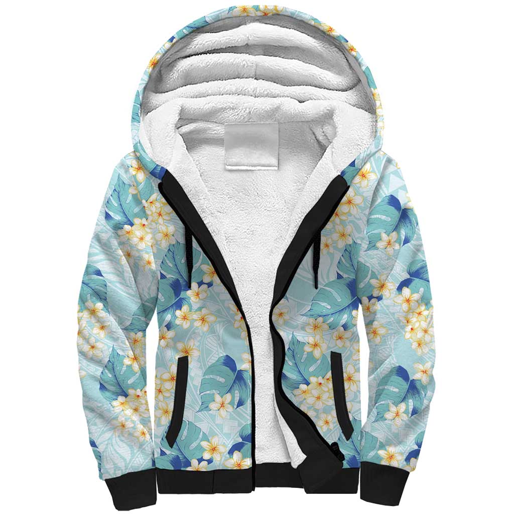 Pastel Cyan Tropical Hawaii Sherpa Hoodie Seamless Monstera Plumeria Hawaiian Pattern LT14 Unisex Pastel Cyan - Polynesian Pride