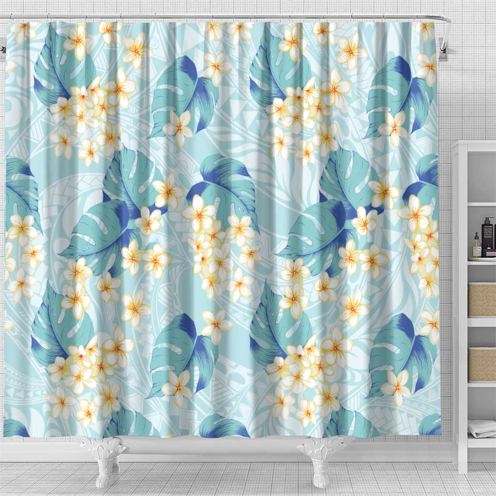 Pastel Cyan Tropical Hawaii Shower Curtain Seamless Monstera Plumeria Hawaiian Pattern - Polynesian Pride